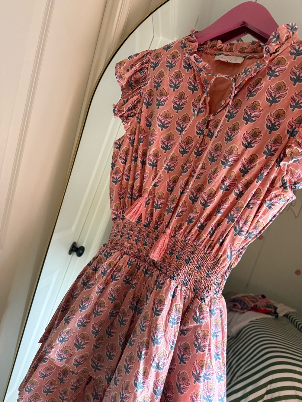 Women’s Marea Pink Floral Short Sleeve Mini Smocked Waist Ruffle Dress - Picture 2 of 6
